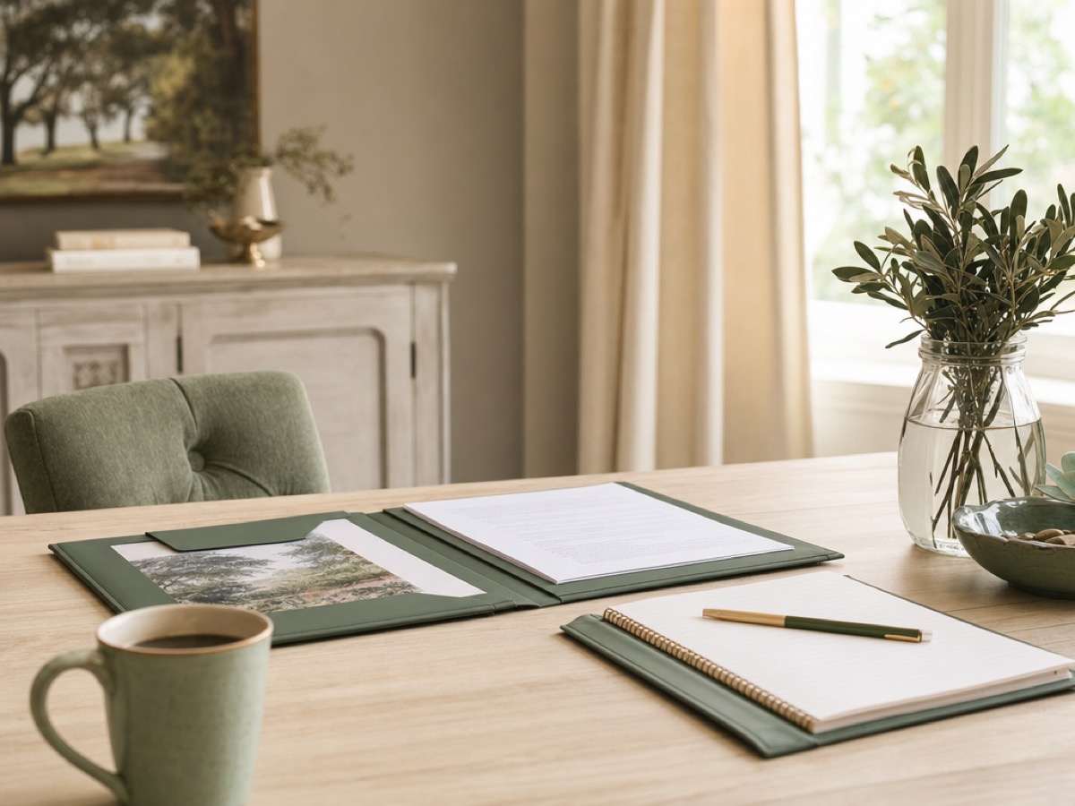 Open folder of documents and a notepad on a warm cream table