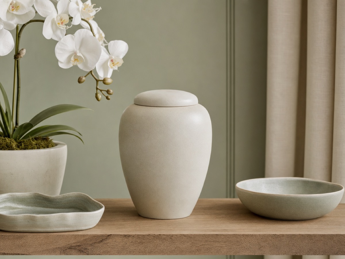 Simple ceramic cremation urn on a wooden shelf with white orchid