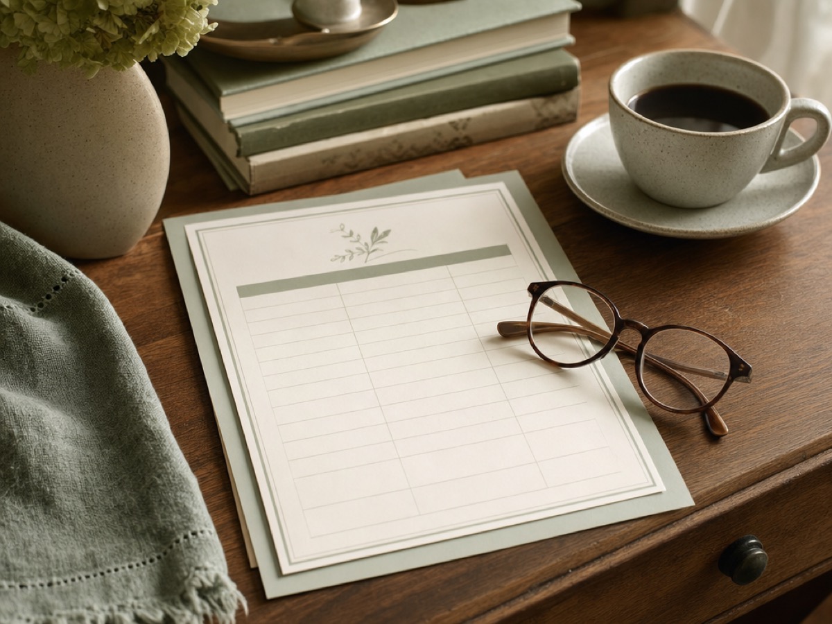 Price list and reading glasses on a wooden desk beside a cup of coffee