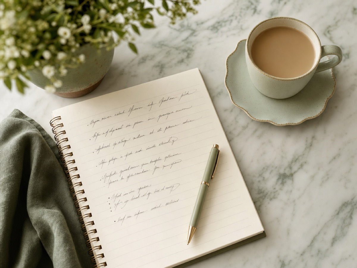 Notebook with pen beside a coffee cup on a marble surface