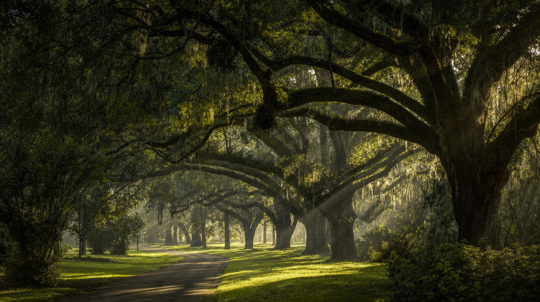 Peaceful path beneath southern live oak trees with Spanish moss