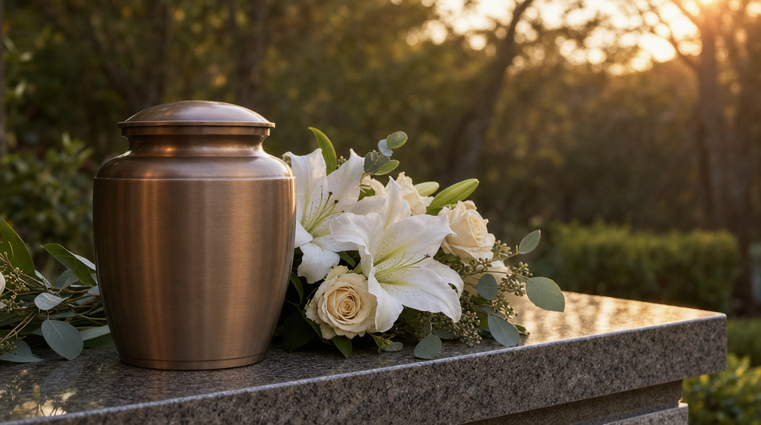 Cremation urn beside white lilies and roses in soft golden light