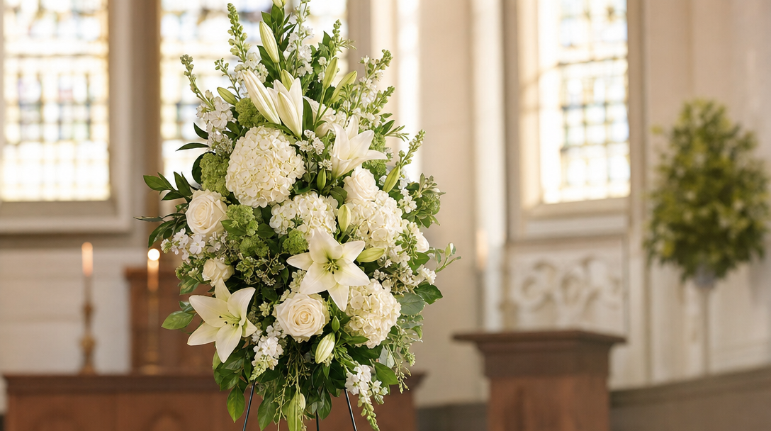 White lily and hydrangea arrangement in a softly lit chapel