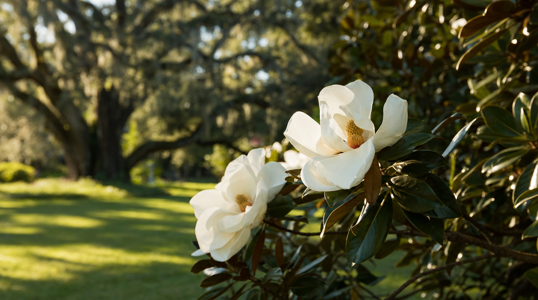 White southern magnolia blossoms in soft morning light