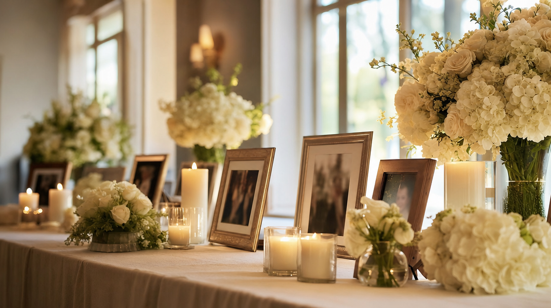 Memorial table with framed photographs, candles, and white roses